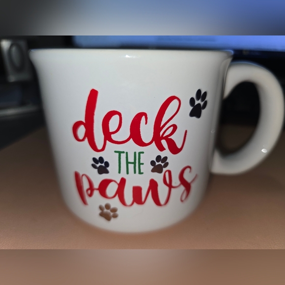 Holiday Home Other - Festive Deck the Paws Dog Mug - Red and Green Paw Print Design, Like New, 4"